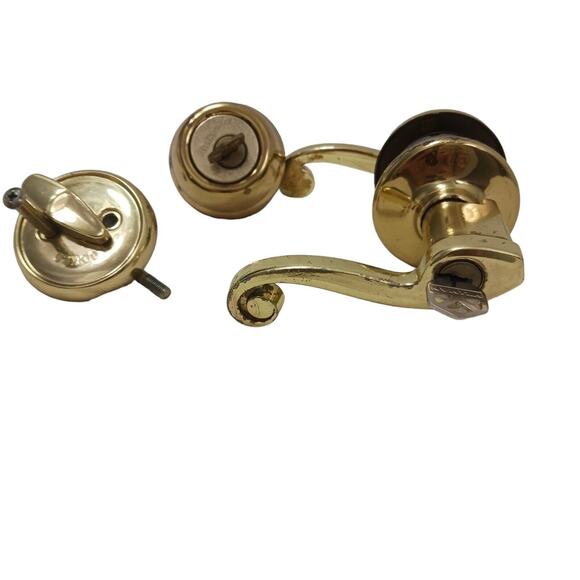 80s Brass French FRONT DOOR KNOB & DEADBOLT Fixtures w 2 Keys Gold Retro Handle - Picture 2 of 16